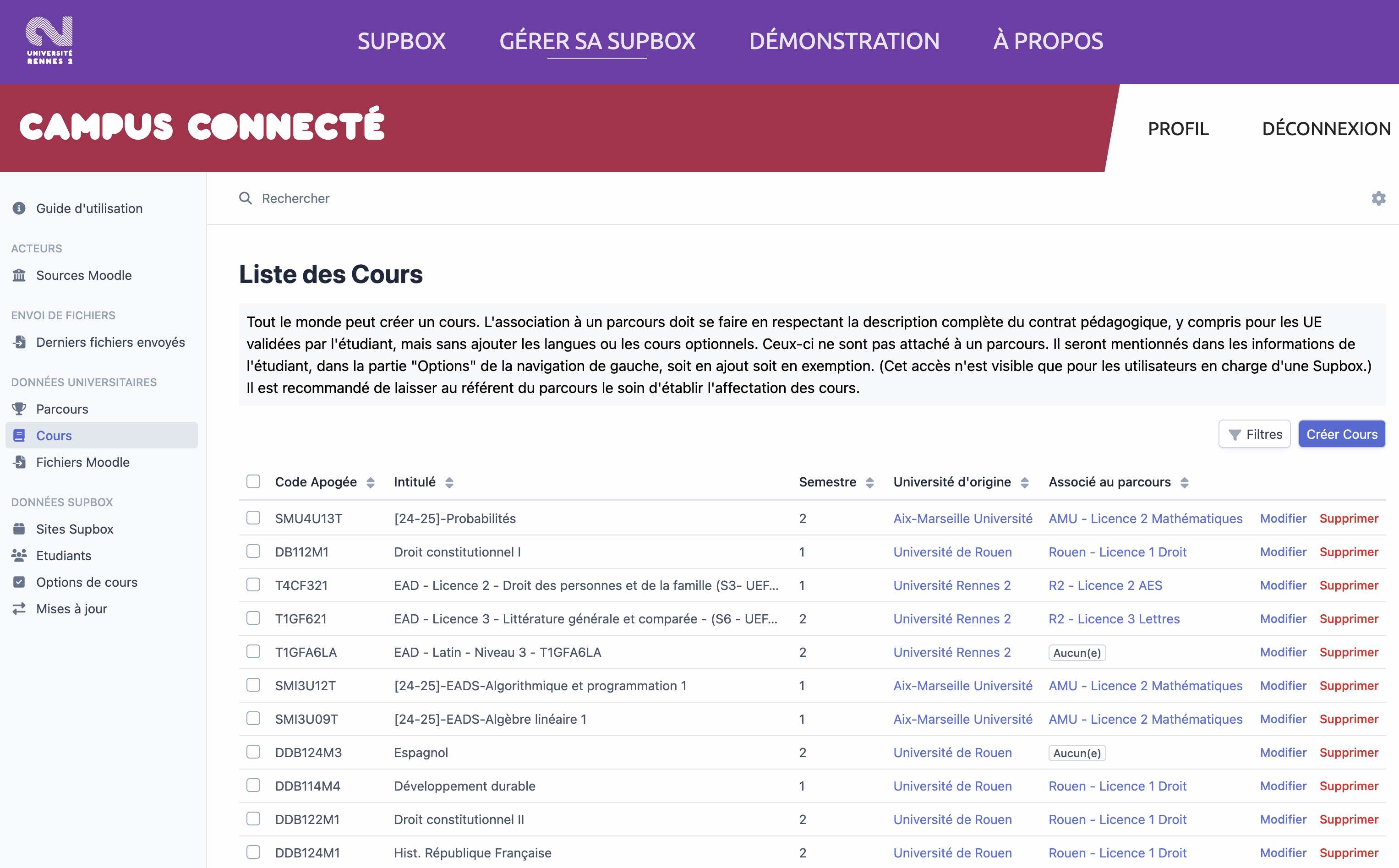 Capture d'écran comme exemple d'une page de gestion des cours dans une Supbox